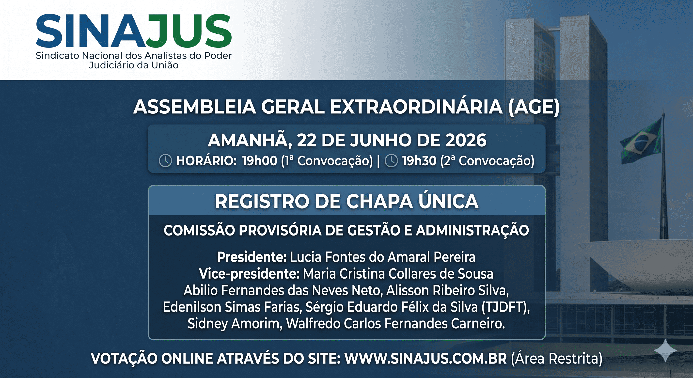 SINAJUS registra chapa única para nova Comissão Provisória; Assembleia Geral Extraordinária ocorre amanhã (22/06)